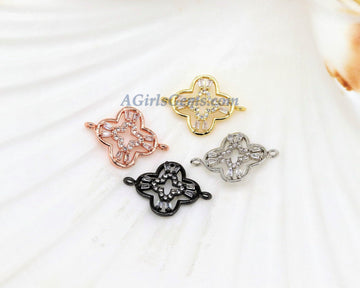 CZ Pave Quatrefoil Connectors, Cubic Zirconia Fancy Links for Bracelet #230, 15 x 21 mm Rose Gold, Black, or Silver